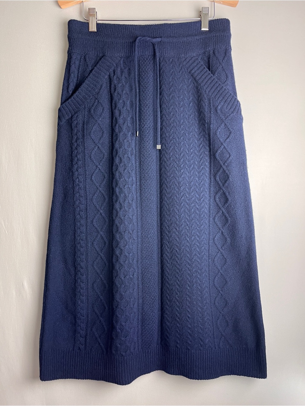 So. Wool Italian Pure Wool Cable Knit Midi Skirt Navy Drawstring Waist M